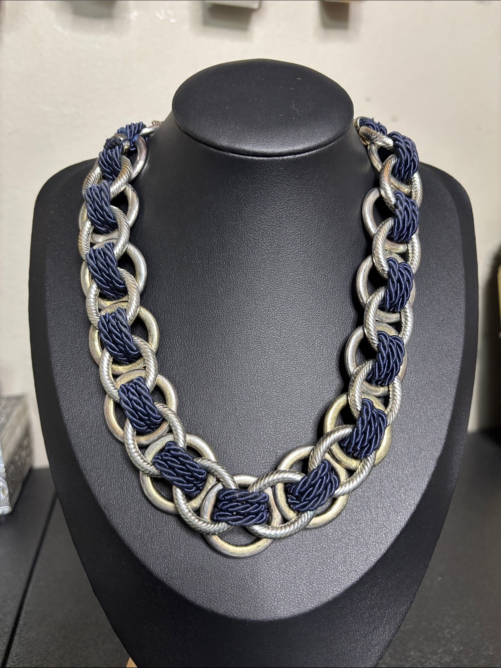 Banana Republic Braided Chain Statement Necklace in Navy and Silver